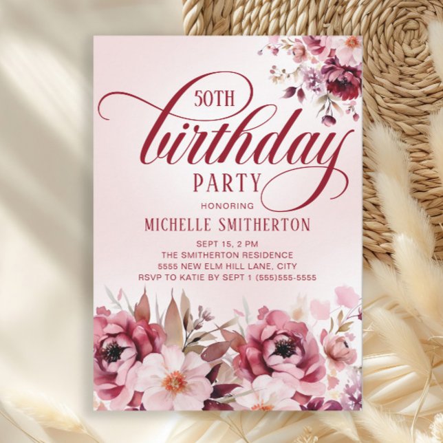 Elegant Rosa Burgunder Blommig Glam 50-årsdag Inbjudningar (Burgundy and pink watercolor floral 50th birthday party invitation)
