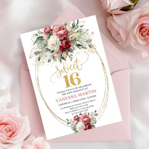 Elegant Rosa Burgunder Grönska Sweet 16 Födelsedag Inbjudningar