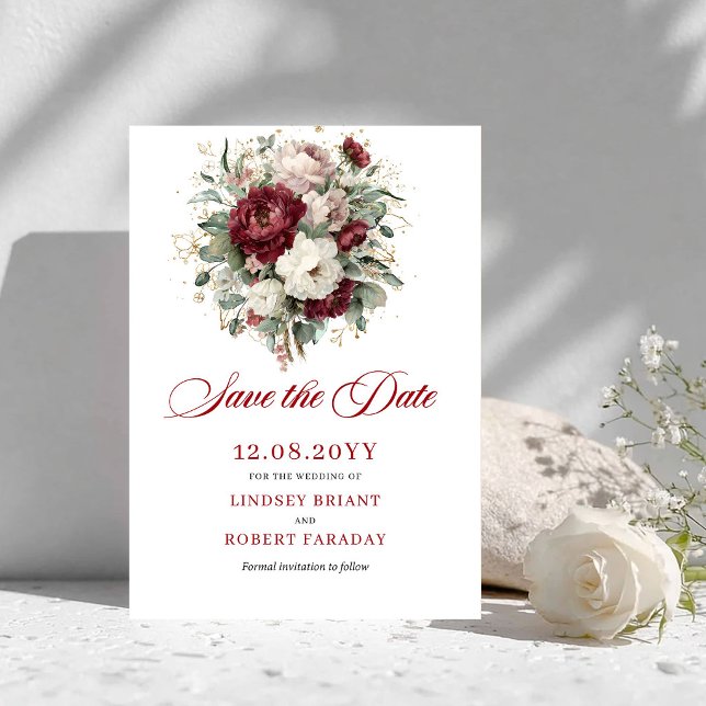 Elegant Rosa Burgunder Guld Spara Datum Kort (Chic Blush Burgundy Gold Save The Date Card)