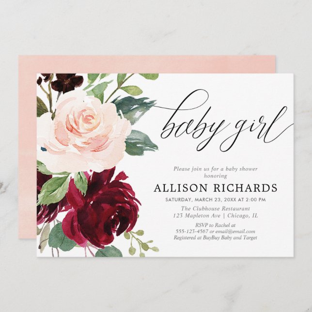 Elegant  rosa burgundisk blommigt flicka baby inbjudningar (Fram/baksida)