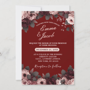Elegant Rosa Burgundy Boho Blommigt Bröllop Inbjudningar