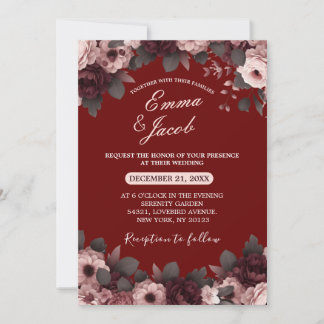 Elegant Rosa Burgundy Boho Blommigt Bröllop Inbjudningar