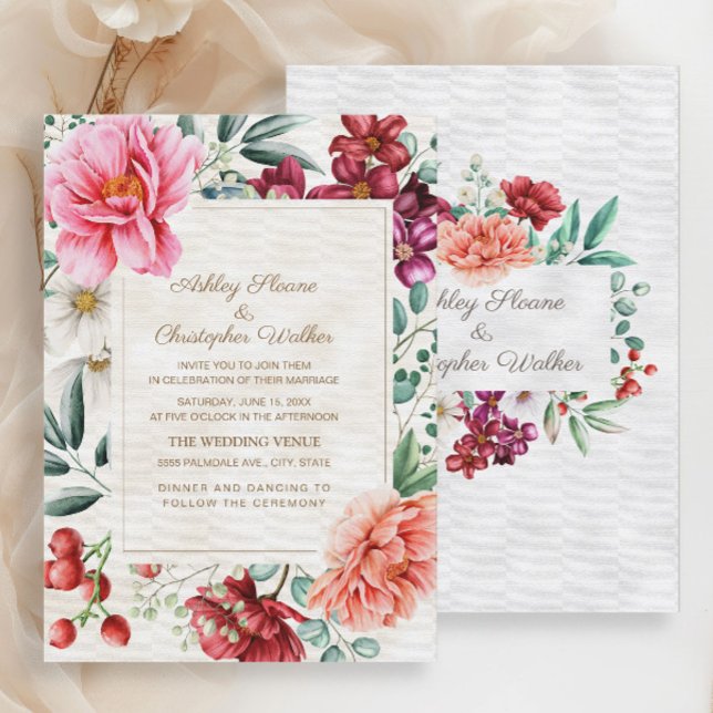 Elegant Rosa Burgundy Coral Blommigt Bröllop Inbjudningar (Elegant pink, burgundy, and coral watercolor floral wedding invitation)