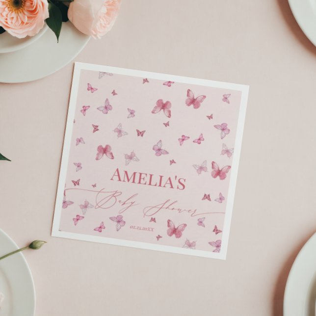 Elegant Rosa Butterfly Baby Shower Napkins Pappersservett (Skapare uppladdad)