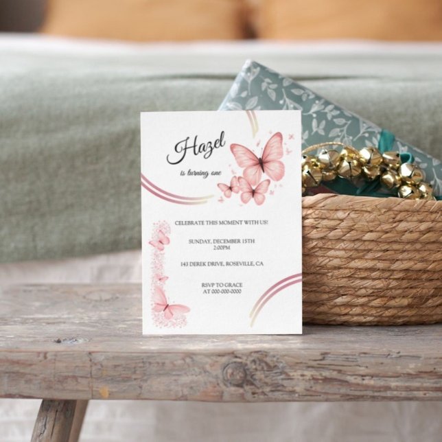 Elegant  Rosa Butterfly Blommigt Birthday Inbjudningar (Butterfly Girl 1st Birthday Invitation)