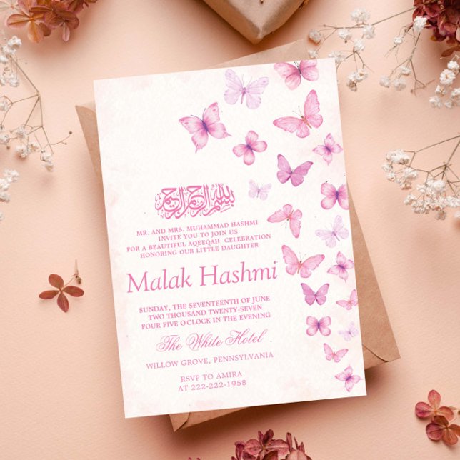Elegant Rosa Butterfly Islamic Flicka Aqeeqah Inbjudningar (Skapare uppladdad)