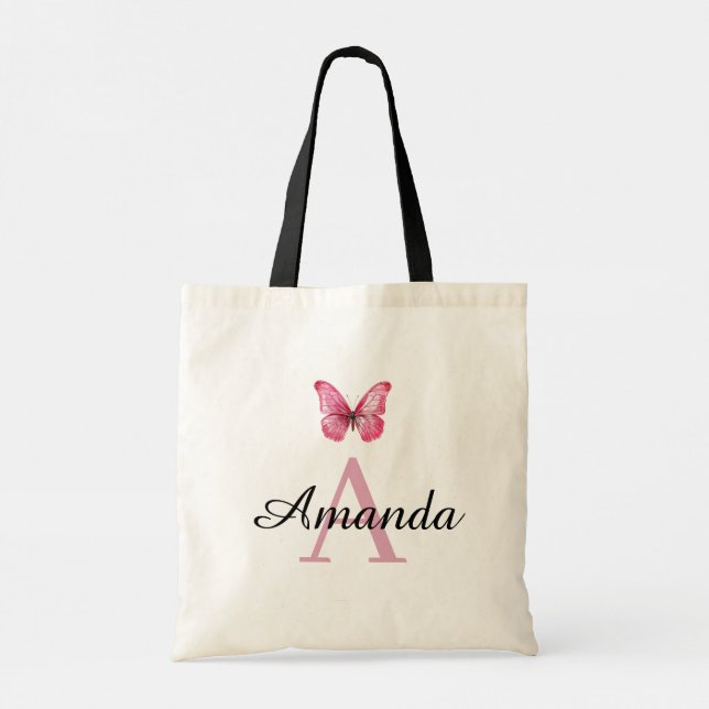 Elegant Rosa Butterfly Namn Monogram Tygkasse (Baksida)