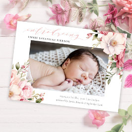 Elegant Rosa Calligraphy Blommigt Baby Photo Birth Meddelande