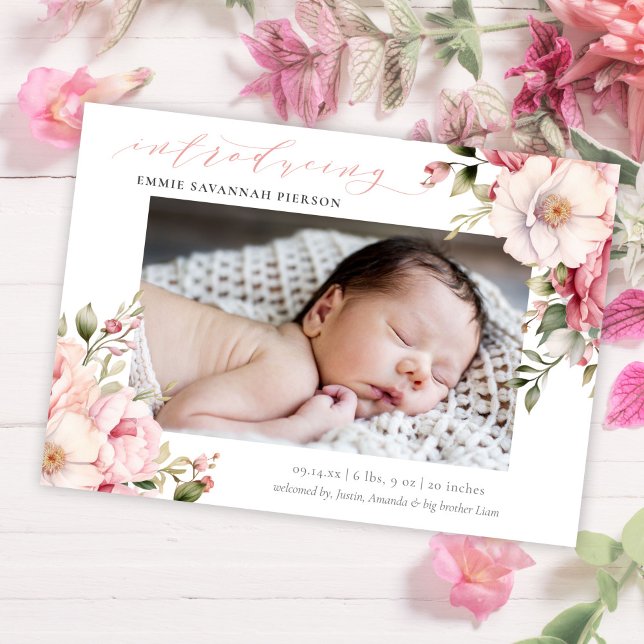 Elegant Rosa Calligraphy Blommigt Baby Photo Birth Meddelande (Skapare uppladdad)