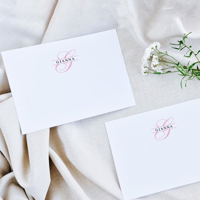 Elegant  Rosa Calligraphy Split Monogram Anteckningskort (Skapare uppladdad)