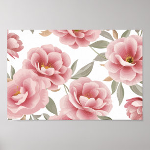 Elegant Rosa Camellia Blommigt med Grönt Löv Poster