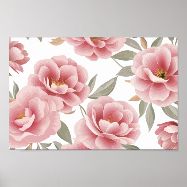 Elegant Rosa Camellia Blommigt med Grönt Löv Poster (Framsidan)
