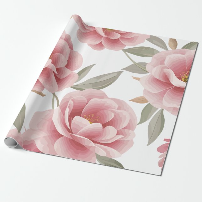 Elegant Rosa Camellia Blommigt med Grönt Löv Presentpapper (Utrullad)