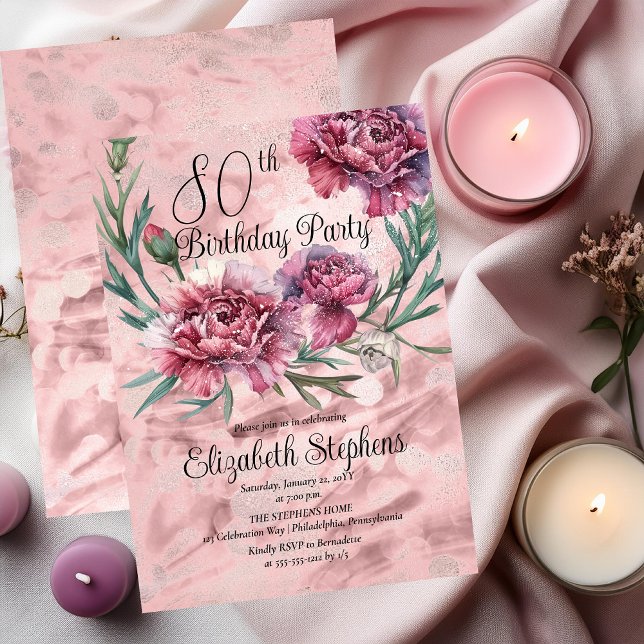 Elegant Rosa Carnations 80:e Födelsedagsfesten Inbjudningar (Elegant Pink and Mauve Carnations 80th Birthday Party Invitation)