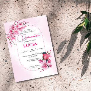 Elegant Rosa Cherry Blommar Geometric Quinceañera Inbjudningar