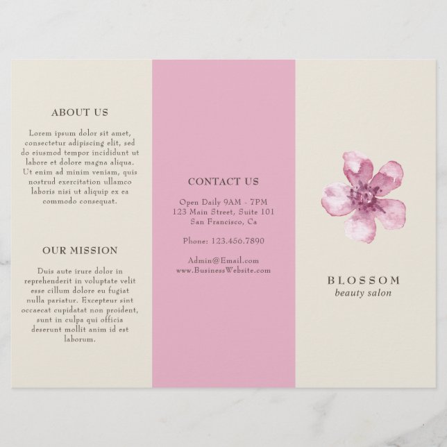 Elegant Rosa Cherry Blommar Salon Trifold Brochure (Framsida)
