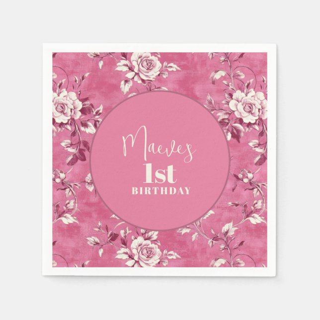 Elegant Rosa Chinoiserie 1:a födelsedag Party Pappersservett (Framsidan)