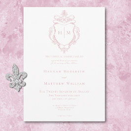 Elegant Rosa Chinoiserie Bird & Vapensköld Bröllop Inbjudningar