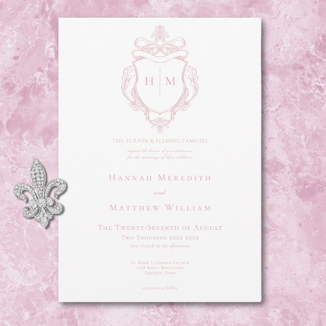 Elegant Rosa Chinoiserie Bird & Vapensköld Bröllop Inbjudningar (Elegant Pink Chinoiserie Bird & Crest Wedding Invitation)