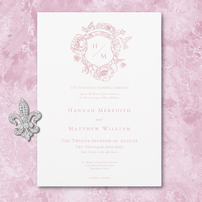 Elegant Rosa Chinoiserie Bird & Vapensköld Bröllop Inbjudningar (Elegant Pink Chinoiserie Bird & Crest Wedding Invitation)