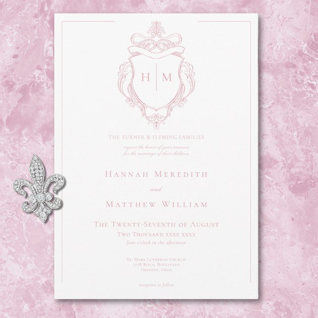 Elegant Rosa Chinoiserie Bird & Vapensköld Bröllop Inbjudningar (Elegant Pink Chinoiserie Bird & Crest Wedding Invitation)