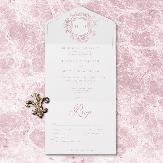 Elegant Rosa Chinoiserie Bird Vapensköld Bröllop M (Elegant Pink Chinoiserie Bird Crest Wedding QR All All In One Invitation)