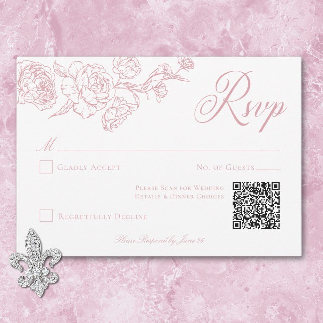 Elegant Rosa Chinoiserie Bird & Vapensköld Bröllop OSA Kort (Elegant Pink Chinoiserie Bird & Crest Wedding QR RSVP Card)