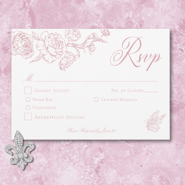 Elegant Rosa Chinoiserie Bird & Vapensköld Bröllop OSA Kort (Elegant Pink Chinoiserie Bird & Crest Wedding RSVP Card)