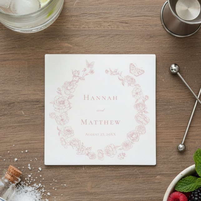 Elegant Rosa Chinoiserie Bird Vapensköld Bröllop Pappersservett (Skapare uppladdad)