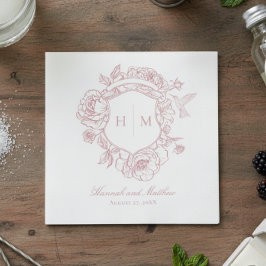 Elegant Rosa Chinoiserie Bird Vapensköld Bröllop Pappersservett