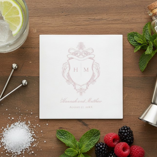 Elegant Rosa Chinoiserie Bird Vapensköld Bröllop Pappersservett (Skapare uppladdad)