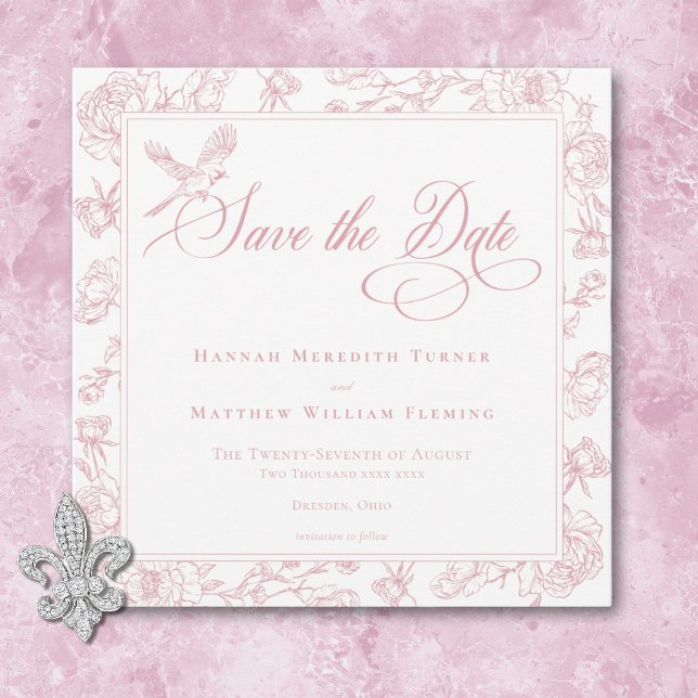 Elegant Rosa Chinoiserie Bird & Vapensköld Bröllop Spara Datumet (Elegant Pink Chinoiserie Bird & Crest Wedding Save The Date)