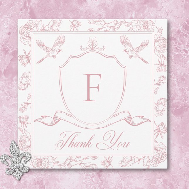 Elegant Rosa Chinoiserie Bird & Vapensköld Bröllop Tack Kort (Elegant Pink Chinoiserie Bird & Crest Wedding Thank You Card)