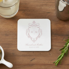 Elegant Rosa Chinoiserie Bird Vapensköld Bröllop Underlägg Papper Kvadrat