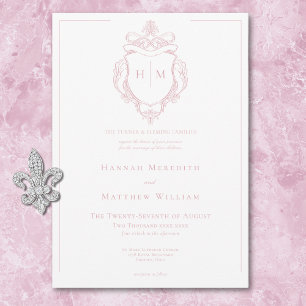 Elegant rosa chinoiserie-fågel och vapensköld bröl inbjudningar