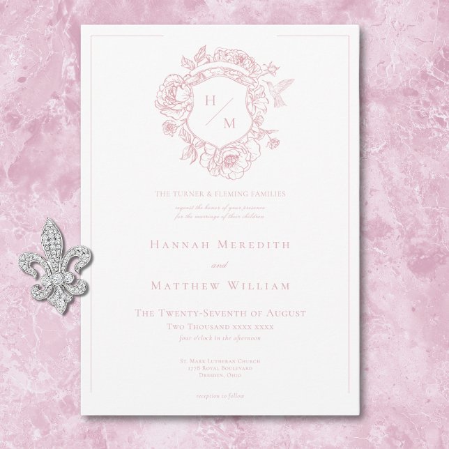 Elegant Rosa Chinoiserie Fågel & Vapen Wedding Inbjudningar (Elegant Pink Chinoiserie Bird & Crest Wedding Invitation)