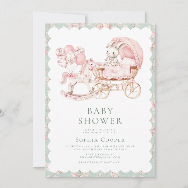 Elegant Rosa Chinoiserie Girl Baby Shower Inbjudningar (Framsida)