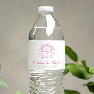 Elegant Rosa Chinoiserie Monogram Bröllop Vattenflaskor Etikett