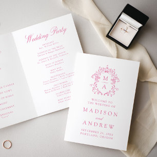 Elegant rosa chinoiserie monogram vapen bröllop program