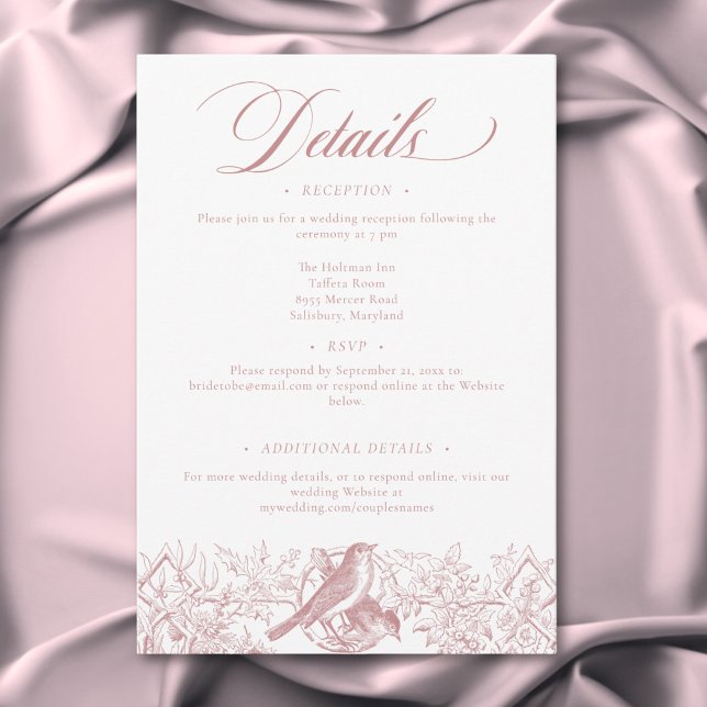 Elegant Rosa Chinoiserie Natur & Fåglar Bröllop Tilläggskort (Elegant Pink Chinoiserie Nature & Birds Wedding Enclosure Card)