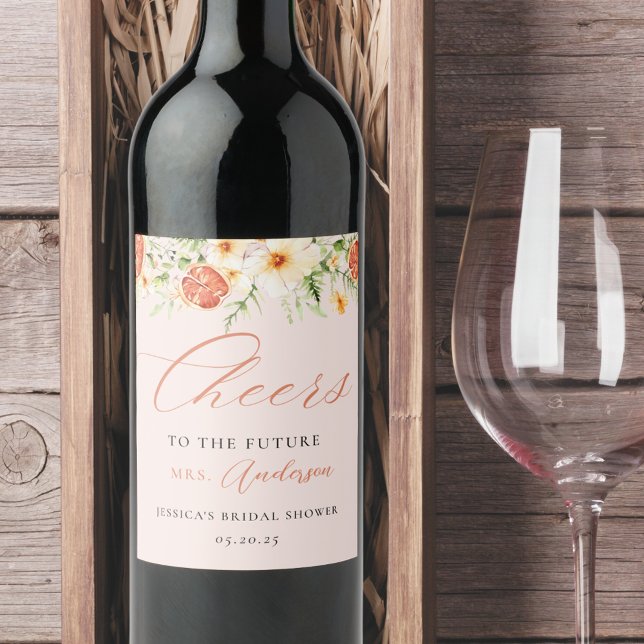 Elegant rosa citrusblommig bröllopsfest vinflaska etikett (Skapare uppladdad)