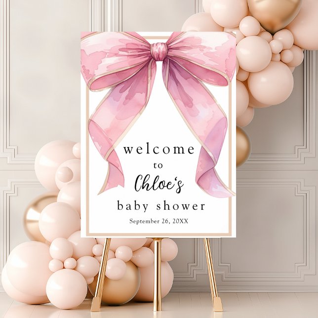 Elegant Rosa Coquette-båge Baby Shower-Välkomstsky Poster (Skapare uppladdad)