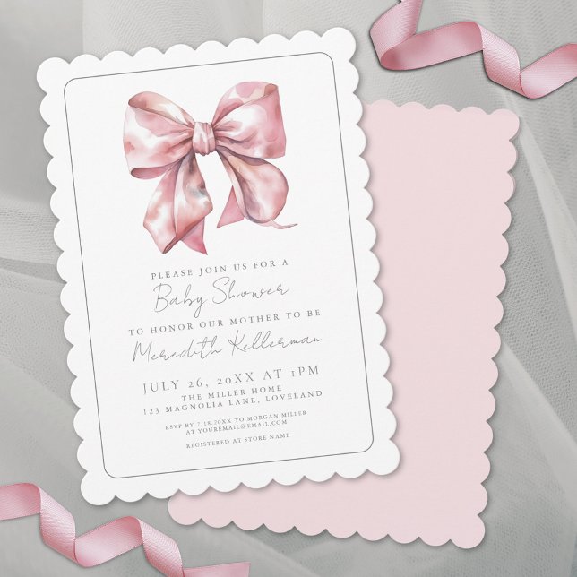Elegant Rosa Coquette Bow Baby Shower Inbjudningar (Elegant Coquette Girl Pink Bow Baby Shower Invitation)