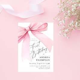 Elegant Rosa Coquette Bow First BIrthday Girl Inbjudningar