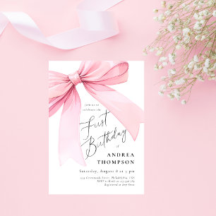 Elegant Rosa Coquette Bow First BIrthday Girl Inbjudningar
