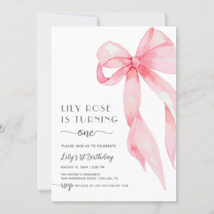 Elegant Rosa Coquette Bow First Birthday Girl Inbjudningar