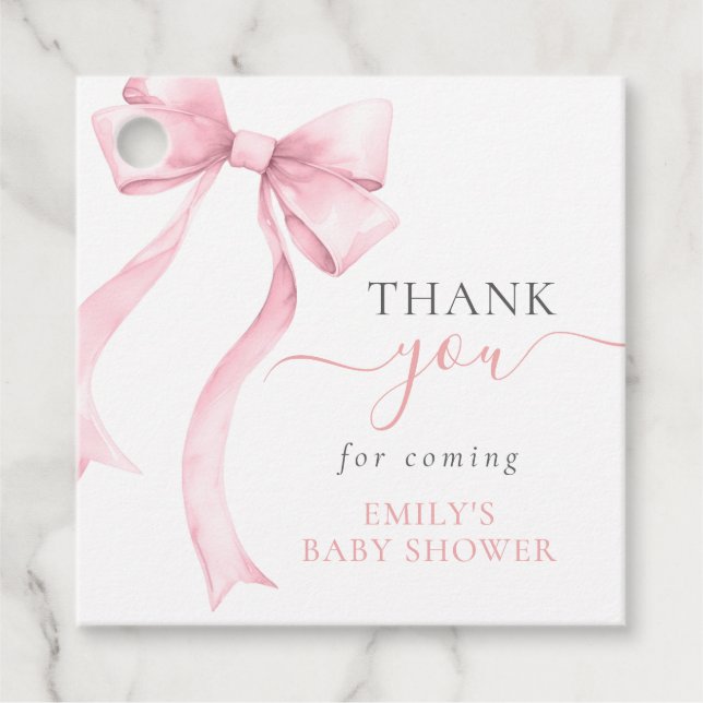 Elegant Rosa Coquette Bow Girl Baby Shower Gåvor Etiketter (Framsida)