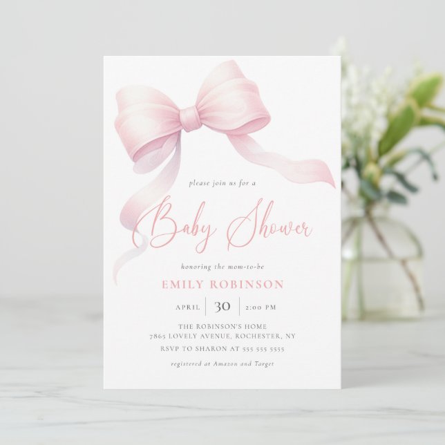 Elegant Rosa Coquette Bow Girl Baby Shower Inbjudningar (Stående Fram)