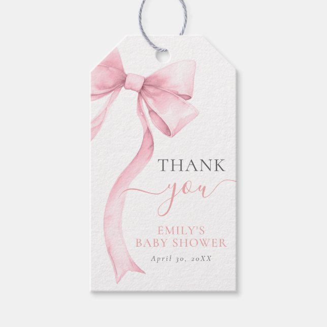 Elegant Rosa Coquette Bow Girl Baby Shower Presentetikett (Framsidan)