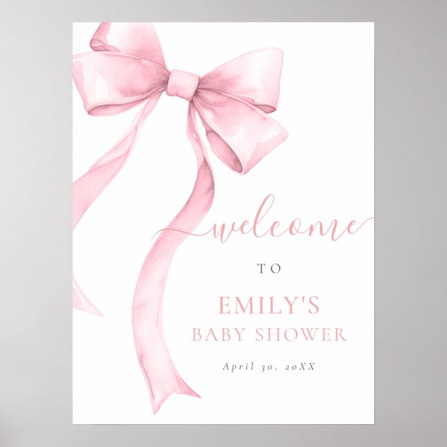 Elegant Rosa Coquette Bow Girl Baby Shower Välkomm Poster (Framsidan)